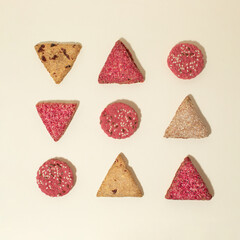 Sweet pink cookies pattern. Concept of diet light food. Sugar free