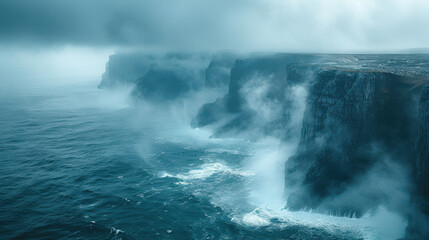Naklejka premium a Nordic rough fjord cliff during a rainstorm, hidden by low hanging clouds, stormy seas created with Generative AI technology