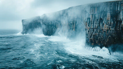 Obraz premium a Nordic rough fjord cliff during a rainstorm, hidden by low hanging clouds, stormy seas created with Generative AI technology