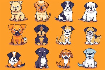 Cute dogs set, pet animal symbols, hand drawn puppy icons silhouettes, funny dog character drawings