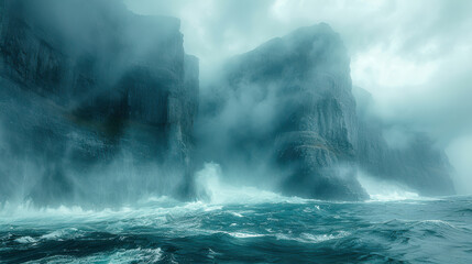 a Nordic rough fjord cliff during a rainstorm, hidden by low hanging clouds, stormy seas created with Generative AI technology