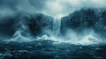 Naklejka premium a Nordic rough fjord cliff during a rainstorm, hidden by low hanging clouds, stormy seas created with Generative AI technology