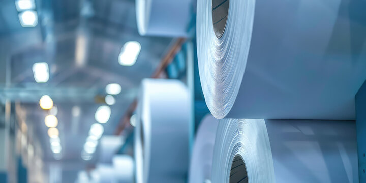 Closeup white big paper rolls in the industrial warehouse or factory
