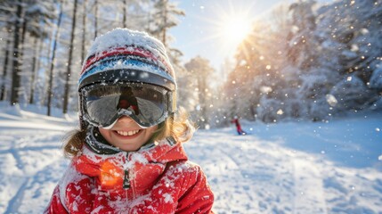 A young girl dressed in a red jacket and goggles plays outside in the snow
