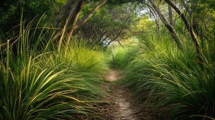 The trail through the dense morning grass
