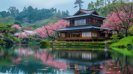 Fototapeta premium A tranquil Japanese tea garden with a traditional tea house created with Generative AI technology