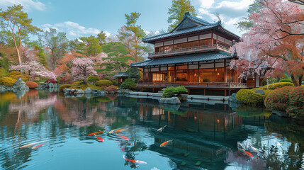 Fototapeta premium A tranquil Japanese tea garden with a traditional tea house created with Generative AI technology