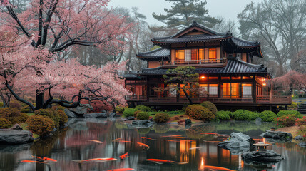Obraz premium A tranquil Japanese tea garden with a traditional tea house created with Generative AI technology