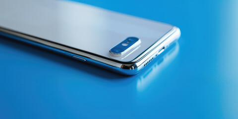 A close-up shot of a cell phone on a blue surface, ideal for use in tech-related or marketing contexts