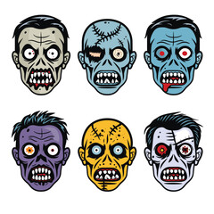 Six cartoon zombie faces displaying various expressions. Zombie faces feature different skin tones, scars, stitches. Colorful undead characters wide eyes sharp teeth