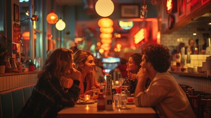 レトロなダイナーで食事を楽しむ人々、Y2K、80年代、90年代、2000年代