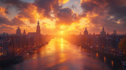 Obraz premium Amsterdam, Netherlands city skyline created with Generative AI technology