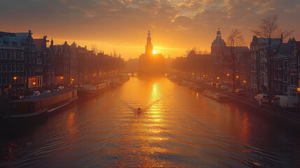 Obraz premium Amsterdam, Netherlands city skyline created with Generative AI technology