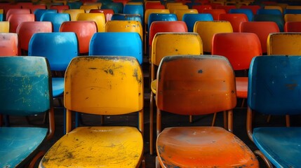 Naklejka premium A row of chairs in a theater are all different colors