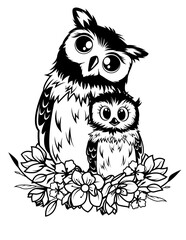 Cute Mom and Baby Owl | Nocturnal Animal | Night Bird | Mom Life and Baby Life Animal | Floral Owl | Family | Forest Bird | Original Illustration | Vector and Clipart | Cutfifle and Stencil