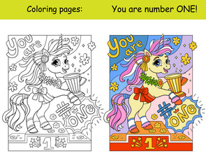 Fototapeta premium Unicorn with flowers and lettering coloring and template vector