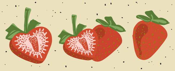 Set of strawberries. Sweet summer bright strawberry in trendy retro vintage style. Cartoon red fresh food collection. Cute fruit icon. Hand drawn isolated vector illustration