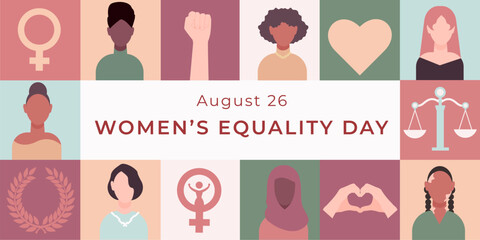 Bauhaus banner Women's Equality Day in the USA. Geometric template dedicated to Women's History Month. Feminism concept. Template for background, banner, card, poster.