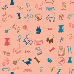 Seamless Repeat Pattern Cats and Dogs and all the toys they love. Pet and animal lovers know Dogs and Cats need their Bowls, balls, yarn, fish toy and bones. 
