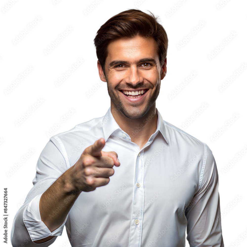 Poster smiling confident man pointing forward on transparent background