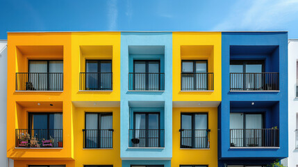 Obraz premium External facade of a row of colorful modern urban townhouses created with Generative AI technology