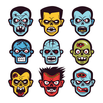 Collection colorful cartoon zombie faces expressing various emotions. Nine unique zombie heads displaying different monstrous features, stitches exposed brains. Brightly colored undead characters