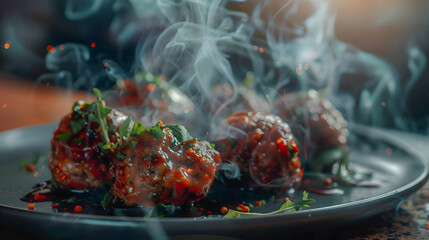 A steaming plate of freshly made fast food meatballs with vibrant colors and rich textures