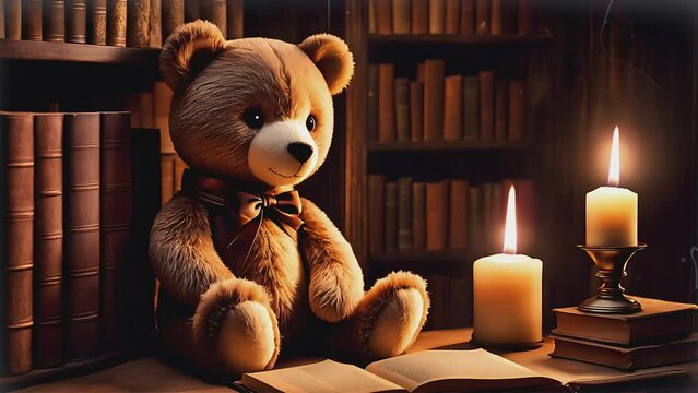 Teddy bear sitting in a candlelit library with an open book, creating a warm and nostalgic atmosphere. Childhood reading concept