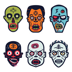 Set six colorful zombie faces designed cartoon style, zombie head features distinct expressions detailed facial injuries, positioned against white background. Zombie illustrations scarred