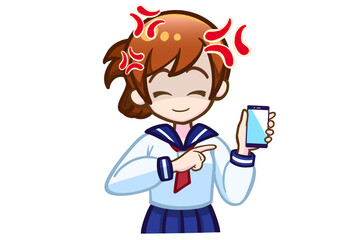 スマホを持って怒る笑顔の女子学生