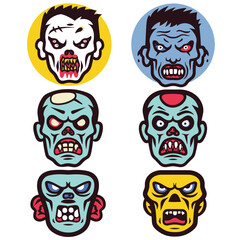 Six cartoon zombie heads fierce expressions against white background. Zombie faces showing anger, horror, emotions, suitable Halloween themes. Illustration undead creatures various skin colors, red