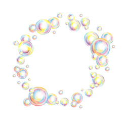 Soap bubbles frame round watercolor illustration. Summer toy symbol, soap foam, bath time, carnival, bubble party, soap making, hobby, bathroom, bubbles, shampoo, cleaning, washing, hygiene,