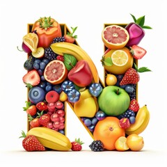 Typography of the letter N crafted from fresh fruit. Fruits and vegetables. Easy to remove background. Creative and healthy concept.