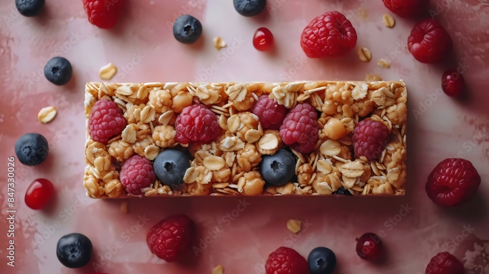 Poster A bar of cereal with blueberries and raspberries on top