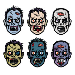 Six cartoon zombie faces expressing horror, aggression, decay. Various undead characters different skin tones, wounds, expressions. Halloweenthemed designs featuring grotesque details vibrant colors
