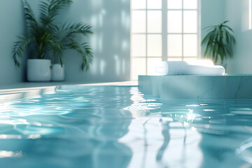 Tranquil Indoor Pool Area with Reflections and Natural Light Streaming In