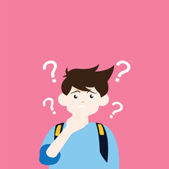 portraits of Student thoughtful people. Bundle of smart men and women thinking or solving problem. Set of pensive boys and girls surrounded by thought bubbles. Flat cartoon vector illustration.