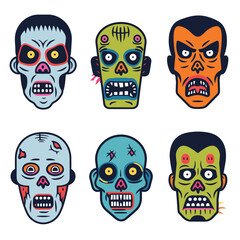 Set colorful cartoon zombie faces expressing various emotions. Six different monster heads vibrant colors, scary features, creative designs. Graphic Halloween themed vector artwork isolated white