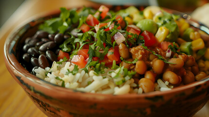 A vibrant fast food burrito bowl with rice, beans, and fresh vegetables