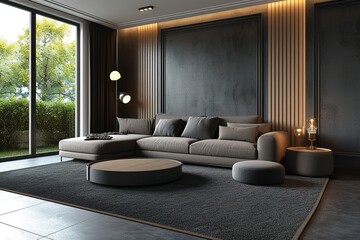 London style simple living room with black fabrics