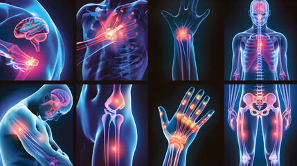 A series of images of the human body, including the brain, knee, and hand