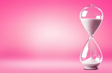 Hourglass with white flowing sand on pink background