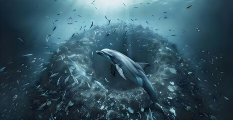 Obraz premium A dolphin is swimming in a sea of fish