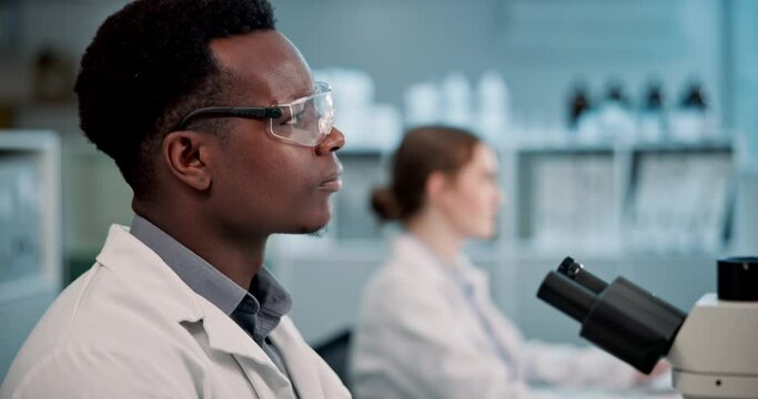 Man, scientist and writing with book for research, results or examination in forensics at laboratory. Male person thinking and taking notes for new discovery, breakthrough or findings on test at lab