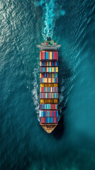 Top view of a huge cargo ship having lots of shipping containers sailing over deep blue ocean in coast