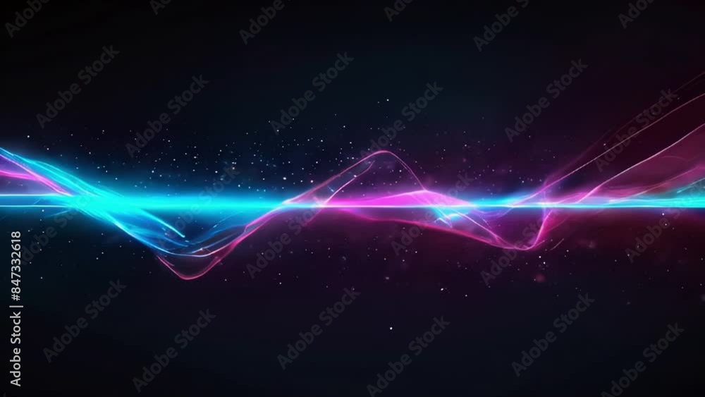 Poster abstract moving light waves in blue and pink color forming a zigzag pattern on a black starry backgr