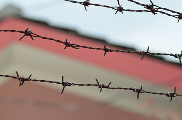 a stretch of two barbed wires with a pink house building in the background