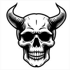 Skull with horns black outline illustration.