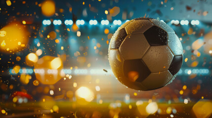 A soccer ball is flying through the air in a stadium with bright lights