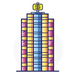 Brightly colored skyscraper topped dollar sign symbolizing wealth finance. Multicolored highrise building represents corporate business bank prosperity. Cartoon office tower signifies economic